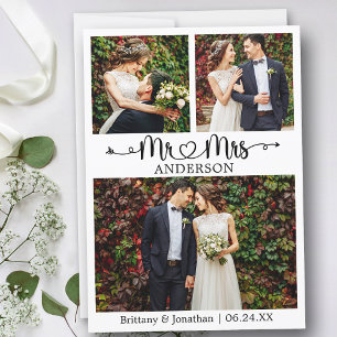 Trouwkalligrafie Heart Mr. and Mrs. 3 Foto Bedankkaart