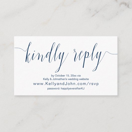 Trouwkalligrafie, marineblauw, online diner RSVP Informatiekaartje (Voorkant)