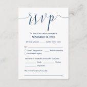 Trouwkalligrafie, marineblauw script, diner RSVP Informatiekaartje (Voorkant)