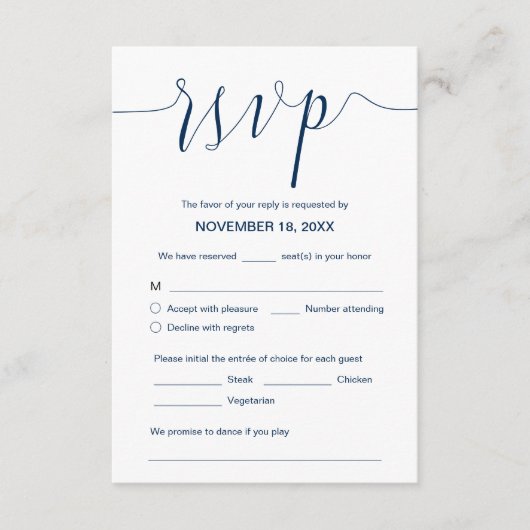 Trouwkalligrafie, marineblauw script, diner RSVP Informatiekaartje (Voorkant)