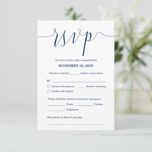 Trouwkalligrafie, marineblauw script, diner RSVP Informatiekaartje (Staand voorkant)