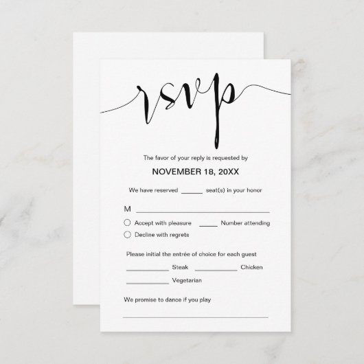 Trouwkalligrafie, zwart script, diner RSVP Informatiekaartje (Voorkant / Achterkant)