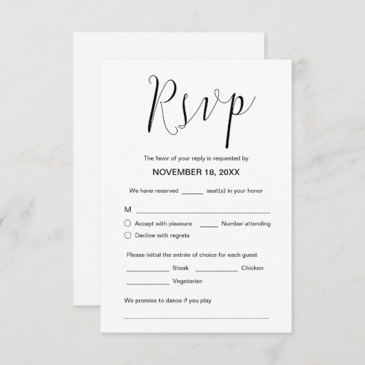 Trouwkalligrafie, zwart script, diner RSVP Informatiekaartje (Voorkant / Achterkant)