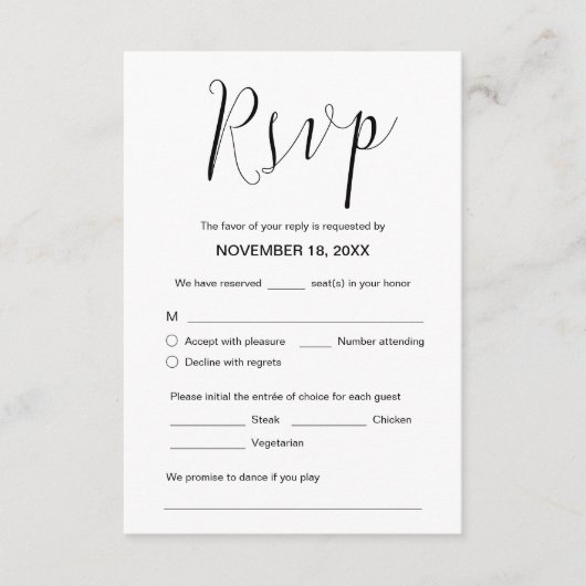 Trouwkalligrafie, zwart script, diner RSVP Informatiekaartje (Voorkant)