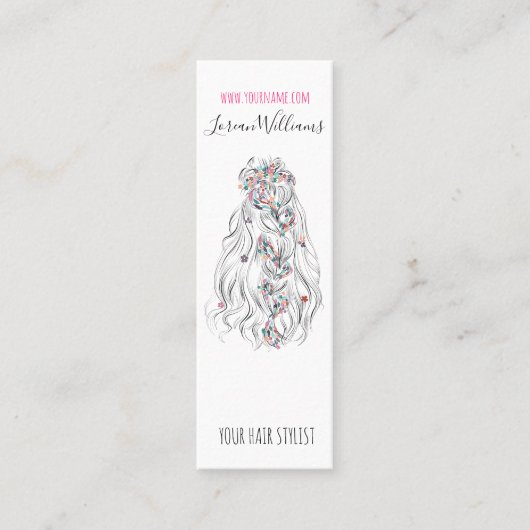 Trouwkapselstylist Zwart Wit Golvend Haar Bloemig Mini Visitekaartje (Voorkant)