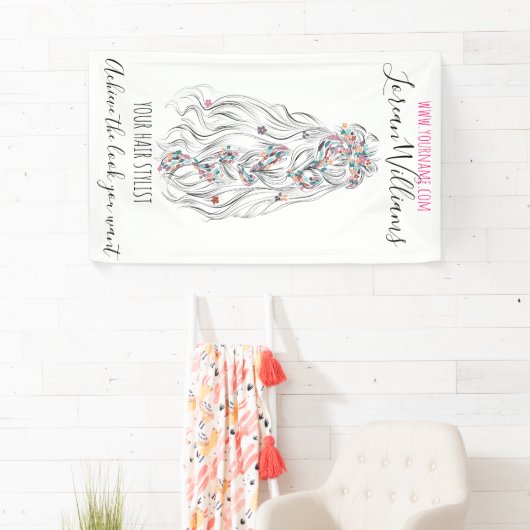 Trouwkapselstylist Zwart Wit Golvend Haar Bloemig Spandoek (Insitu)