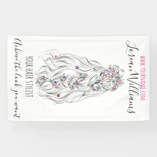 Trouwkapselstylist Zwart Wit Golvend Haar Bloemig Spandoek (Horizontaal)