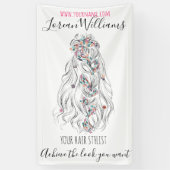 Trouwkapselstylist Zwart Wit Golvend Haar Bloemig Spandoek (Verticaal)