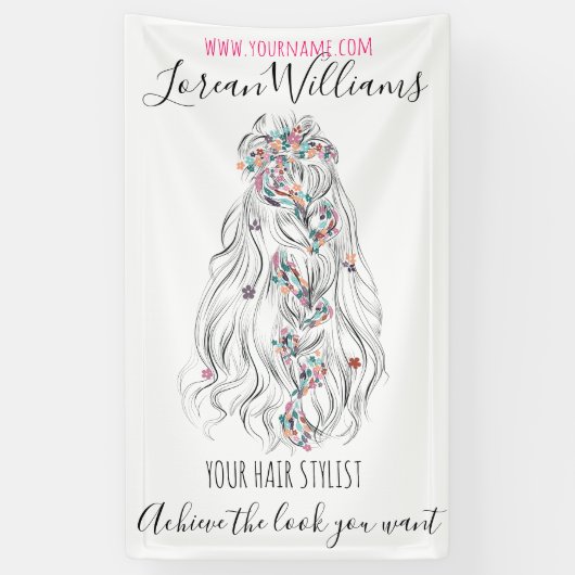 Trouwkapselstylist Zwart Wit Golvend Haar Bloemig Spandoek (Verticaal)