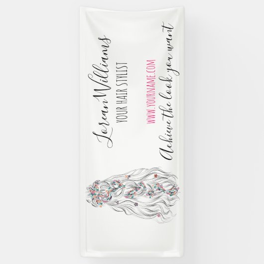 Trouwkapselstylist Zwart Wit Golvend Haar Bloemig Spandoek (Verticaal)