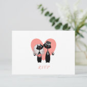 Trouwkatten Elegante Zwarte Witte Koraal Cute RSVP Kaartje (Staand voorkant)