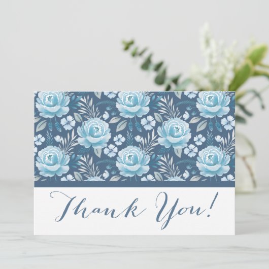 Trouwklassieker Navy Blue Floral Dank u kaart (Staand voorkant)