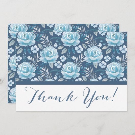 Trouwklassieker Navy Blue Floral Dank u kaart (Voorkant / Achterkant)