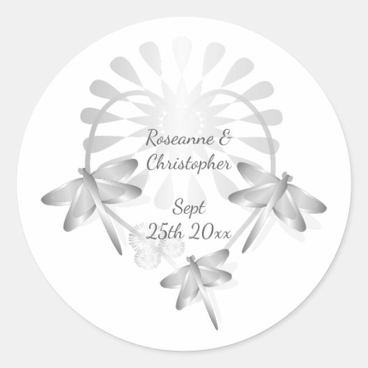 Trouwklassieker Ronde Sticker Zilveren Libellen (Voorkant)