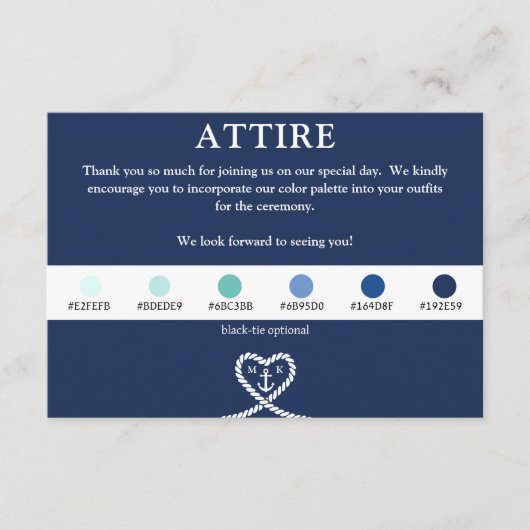 Trouwkleding met touw en hart in nautisch blauw me informatiekaartje (Voorkant)