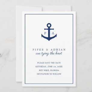 Trouwknoop Monogram Nautisch Anker Navy Blauw Save The Date