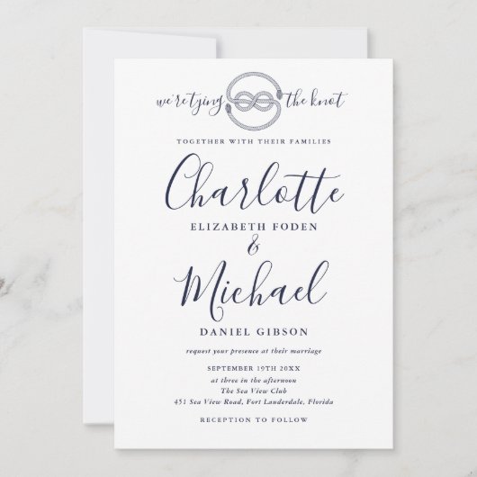 Trouwknoop Navy Blue Script Foto Nautilus Trouwen Kaart (Voorkant)