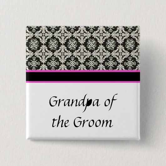 trouwknop, zwarte damasje vierkante button 5,1 cm (Voorkant)