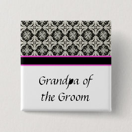 trouwknop, zwarte damasje vierkante button 5,1 cm