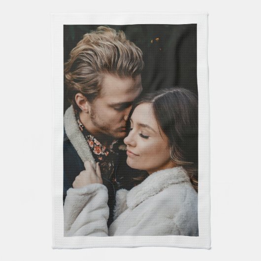 Trouwkoppel foto, witte rand theedoek (Verticaal)