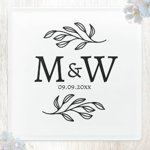 Trouwkoppel Monogram Initiaal Datum Botanisch Glazen Onderzetter