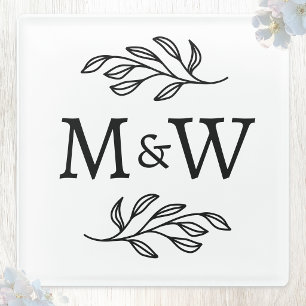 Trouwkoppel Monogram Initiaal Elegante Botanische Glazen Onderzetter
