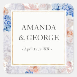 Trouwlabel pastel hortensia en bloemen vierkante sticker