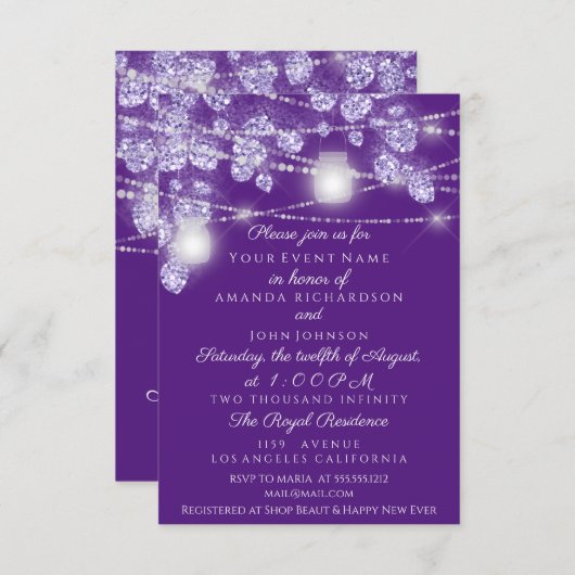 Trouwlichtpotten Rustiek Glitter Paars Violet Kaart (Voorkant / Achterkant)