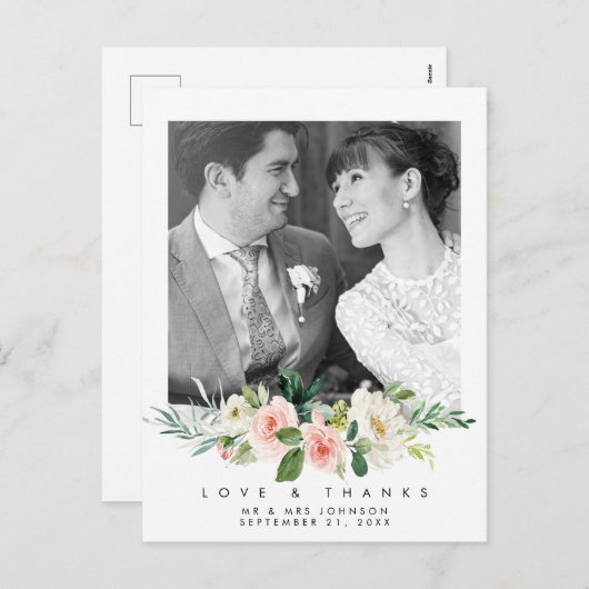 Trouwliefde en bedankt Foto briefkaart Roze Bloeme (Voorkant / Achterkant)