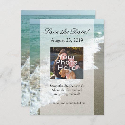 Trouwlocatie aan het strand met uitzicht save the date (Voorkant / Achterkant)