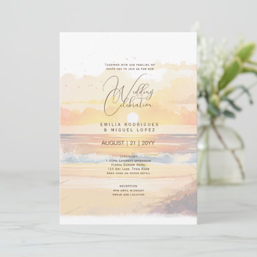 Trouwlocatie aan het strand met zonsondergang kaart (Staand voorkant)