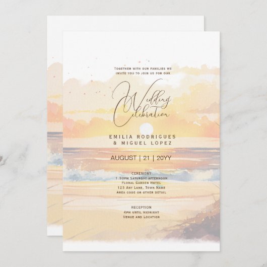 Trouwlocatie aan het strand met zonsondergang kaart (Voorkant / Achterkant)