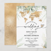 Trouwlocatie Goud Wereldkaart Bloemige Uitnodiging (Voorkant / Achterkant)