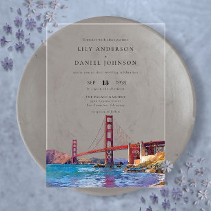 Trouwlocatie met waterverf San Francisco Acryl Uitnodigingen