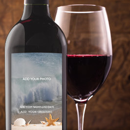 Trouwlocatie strand zeeschelpen tropische oceaan wijn etiket