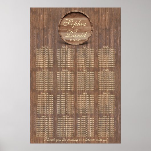 Trouwlocatie zitplaatsenkaart wijnvat 16 tafels poster