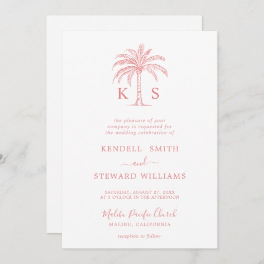 Trouwlogo met monogram en palmboom op uitnodiging (Voorkant / Achterkant)