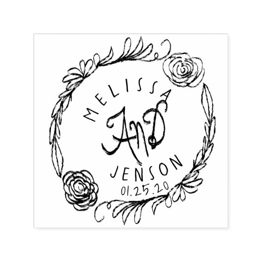 Trouwlogo Rozen Groene Krans Handgetekend Zelfinktende Stempel (Design)