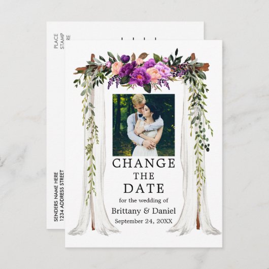 Trouwluifel Paarse bloem Verander de datum Briefkaart (Voorkant / Achterkant)