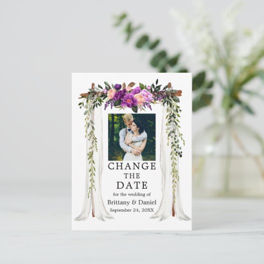 Trouwluifel Paarse bloem Verander de datum Briefkaart (Staand voorkant)