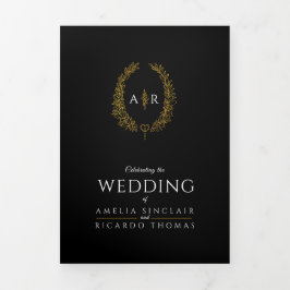 Trouwmaaloptie met monogram in zwart bladgoud RSVP Drieluik Uitnodiging