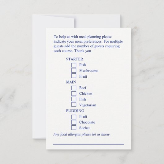 Trouwmaaltijd keuze blauwe spetteren enclosure kaa RSVP kaartje (Achterkant)