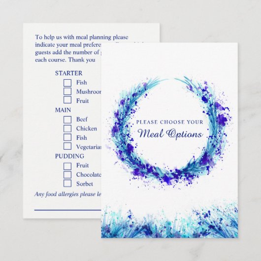 Trouwmaaltijd keuze blauwe spetteren enclosure kaa RSVP kaartje (Voorkant / Achterkant)