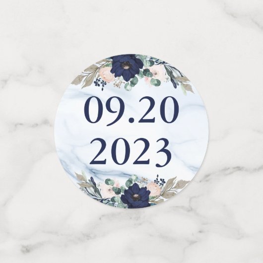 Trouwmarine Bloemen Marmeren Foto SAVE THE DATE Confetti (Kleine voorkant)