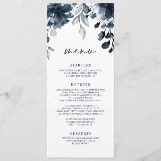 Trouwmarineblauwe bloemengebouwen zilver menu (Voorkant)