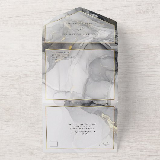 Trouwmarmer Zwart Goud Alcohol Inkt Custom All In One Uitnodiging (Buitenkant)