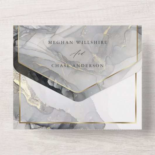 Trouwmarmer Zwart Goud Alcohol Inkt Custom All In One Uitnodiging (Achterkant)