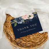 Trouwmeisje bedankkaart met marineblauw bloemmotie uitnodiging briefkaart