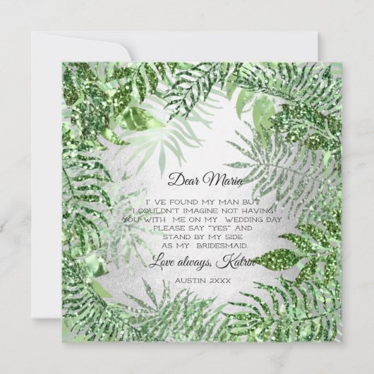 Trouwmeisje Tropische Glitter Mint Zilver Kaart (Voorkant)