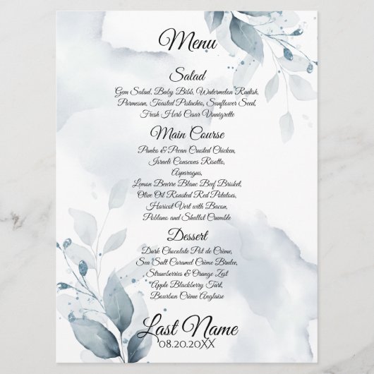 Trouwmenu | Aangepast 1 stoffig blauw botanisch me Menu (Voorkant)